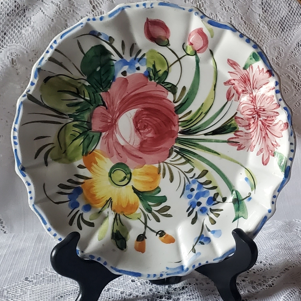 Handcrafted Floral Ceramic Plate with Pink and Yellow Blooms